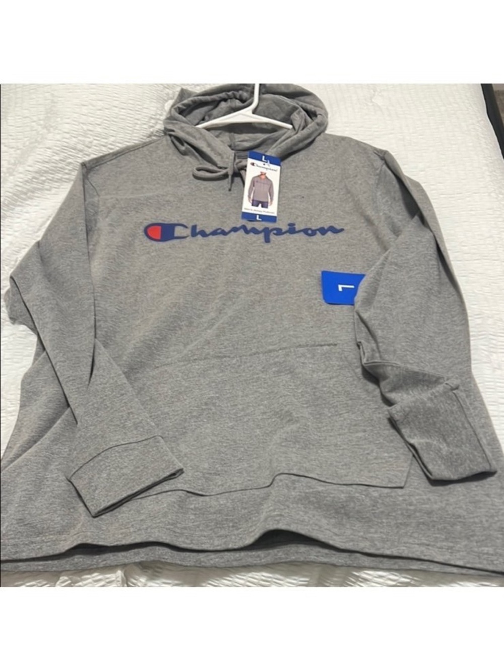 Champion Gray Hoodie with Blue & Red Logo